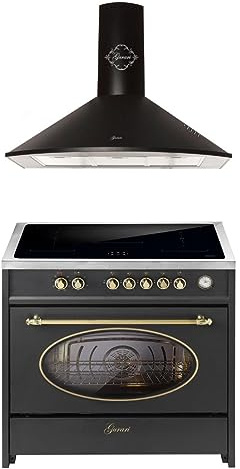 GURARI Induktions-Standherd E 913 RU BL + GCH C 046 BL 9, Retro Range Cooker 90 cm/FLEX ZONEN/ 5 Zonen / 121L + Dunstabzugshaube 90 cm