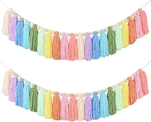 Fegtrty 2X 37 Pastell Regenbogen Quaste Girlande mit Perle Tapisserie für Schlafzimmer Wand Klassenzimmer Kinderzimmer Party Dekor
