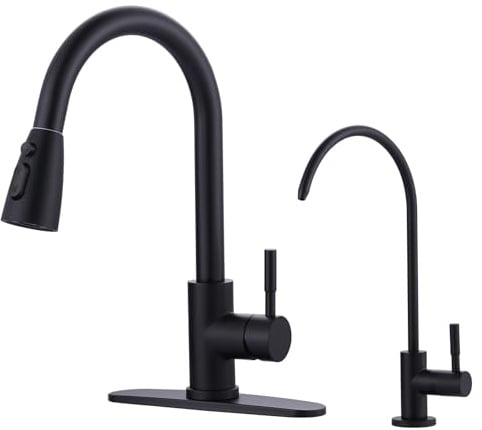 Schwarze Küchenarmatur und Wasserfilter-Wasserhahn-Kombination, WOWOW Edelstahl Küchenspüle Wasserhahn mit Trinkwasserhahn für Umkehrosmose oder Wasserfiltersystem, Mattschwarz