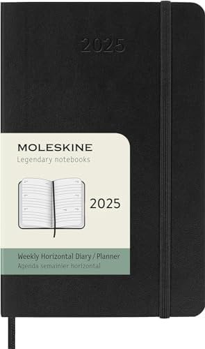 Moleskine Weekly Planner, Horizontale 12-Monats-Wochenplaner 2025, Weicher Einband und Elastischer Verschluss, Farbe Schwarz, TaschenFormat 9x14 cm