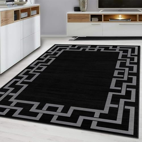 Hafaa Area Rugs for Bedroom - Rugs Living Room 80x150 Cm Greek Key Style Modern Floor Carpets Durable Non Shedding Soft Touch Nico Black Rug