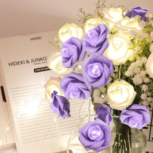 RECUTMS Artificial Rose Flower Fairy String Lights, Battery Powered 9.8Ft 20LED Light Valentine's Day Wedding Mother's Day Presents for Girls Home Indoor Outdoor Decor(Purple+White)