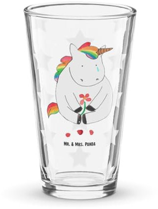 Mr. & Mrs. Panda Premium Trinkglas Einhorn Traurig, Premium Glas, 475 ml