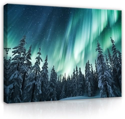 Bilder Polarlicht Landschaft Wald Nordlicht blau türkis 120x80 cm - Modern Leinwandbild Groß XXL Wohnzimmer Schlafzimmer Wandbild Kunstdruck Wandbilder Desing Wand Bild auf Leinwand Aufhängefertig