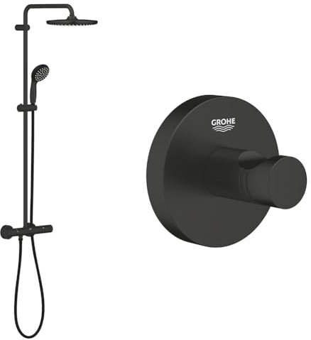 GROHE Vitalio Start System 250 Colonne de douche avec Mitigeur Thermostatique & QuickFix Start, Patère Murale Salle de Bain, Fixations Cachées, Vis et Cheville inclus, Métal, Noir Mat, 411732430