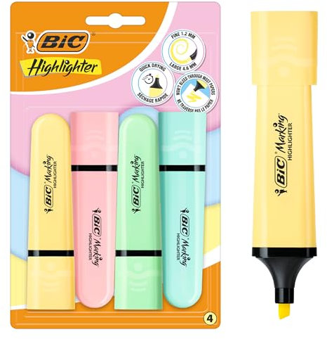 BIC Marking Flat Higlighter Pastell-Textmarker, 4 Stück, 4 Pastellfarben (Gelb, Blau, Rosa, Grün), Wasserbasis, schnell trocknende Tinte