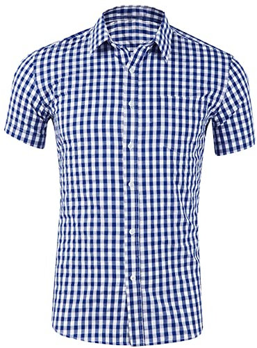 Mens Shirts Short Sleeve Regular-Fit Casual Plaid Shirt Classics Lapel Business Gingham Check Shirt Short Sleeve Shirt Formal Shirts Casual Outings Walking Hiking Summer Shirt Button Up Shirt