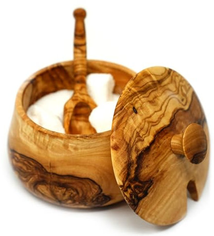 Ezo.Home Olive Wood Sugar Bowl with Lid and Spoon Handmade Capacity 100ml Sugar