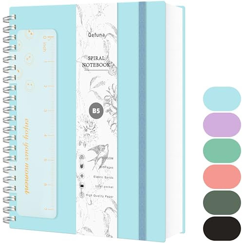 Qefuna Notebook B5 Punteggiato Bullet Dot Journal,Quaderno a spirale da 300 pagine,Carta resistente all'inchiostro 100 g/m², Copertina rigida in PVC,con righello,Tasche espandibili,17,7x 25 cm - Blu