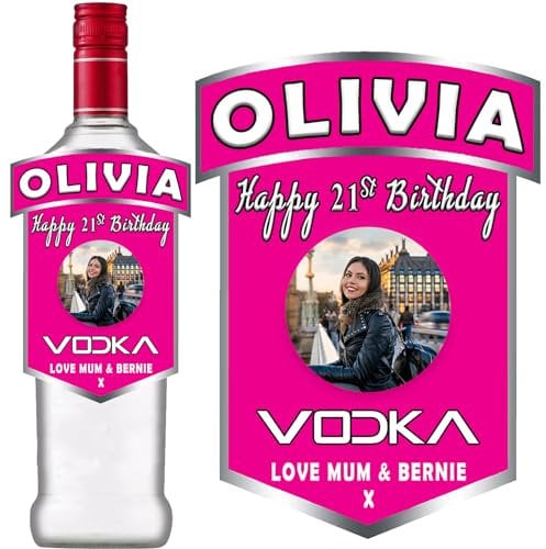 Photo Personalised Pink Bottle Label for Smirnoff Vodka Birthday Anniversary Xmas