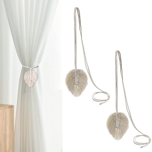 Lot de 2 Embrasses à Rideaux, avec Feuilles de Macramé,Boho De Coton Rideaux Accessoires Décoratifs,Embrasses de Rideau Tressées Porte-Rideau,pour Fenêtre de Maison, Blanc