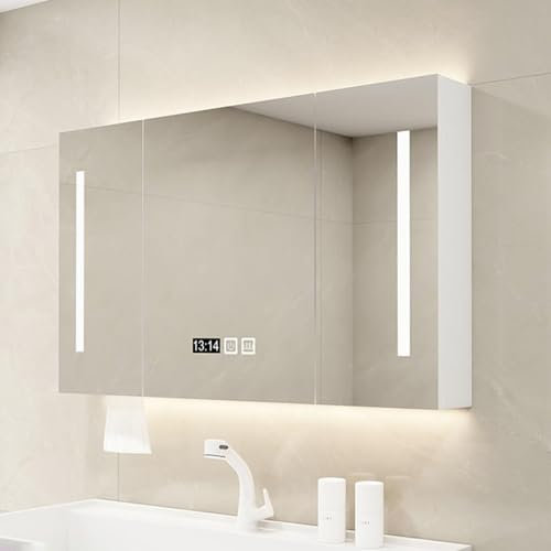 Specchio bagno contenitore LED, mobiletto bagno con specchio e luce, Armadietto da bagno sospeso, Armadietto Specchio Bagno con Luce e Presa Elettrica, Generico Armadietto(Creamy white,90*70cm)