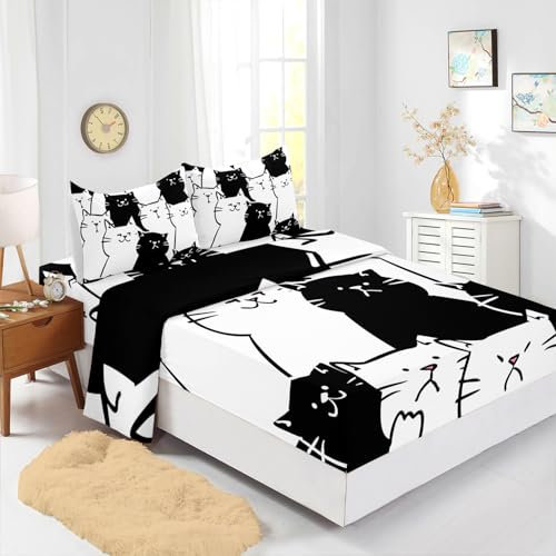 XYNHML Kinder-Bettwäsche-Set mit Cartoon-Katzenmotiv, 4-teilig, Queen-Size-Bett, schwarz-weiß, niedliches Haustier-Bettwäsche-Set für Teenager, Kinder, Jungen, Mädchen, Erwachsene, Kawaii-Linie,