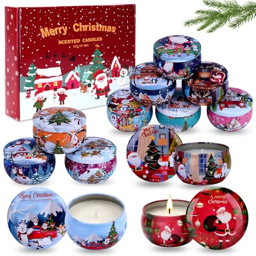 Qizeion Weihnachtsduftkerzen-geschenk-set, 12 Stück 85g Aromatherapie-Kerzen Geschenke Für Frauen Sojawachskerzen Geschenk Mutter Tragbare Reise-Blechdosen-Kerzen Geburtstag, Erntedankfest, Muttertag