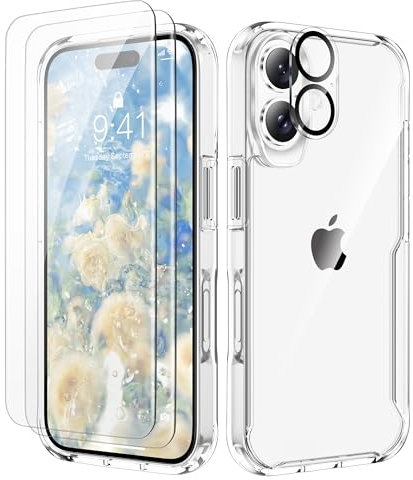 ORETECH Compatible with iPhone 16 Plus Case 6.7 , with [2x HD Screen Protector & Camera Lens Protector], Soft Silicone Shockproof Anti-Scratch Clear PC Back Case Cover for iPhone 16 Plus - Clear