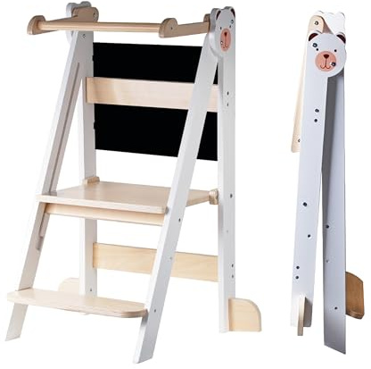 Buddy Baby Xplora - Tour d'apprentissage et tour d'aide dans la cuisine avec tableau - 3 en 1 - Pliable et avec 2 hauteurs - Marches pour enfants avec montage facile