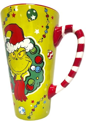 DIVAS SPIRITUAL Holiday Tall 3D Novelty Mug with Character Design, Christmas Coffee Mug with Grinch Candy Cane Handle, Love Potion Mug, Upside Down Santa Snowman, (Tall Grinch)