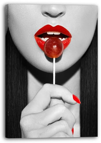 Printistico Leinwandbild (30x40cm) Rote Lippen mit Lollipop - Frauen Fotografie schwarz weiß, echter Holz-Keilrahmen inkl. Aufhänger, handgefertigt in Deutschland