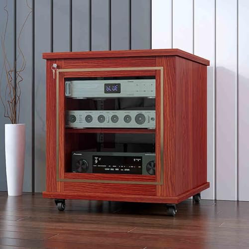 Wooden Media Storage Cabinet with Glass Doors and Lockable Wheels 680/860 mm Height Record Player Display Stand for Vinyl Storage (Red 57x60x68cm)