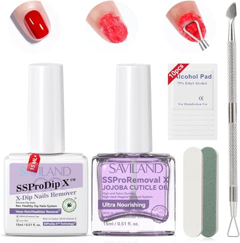SAVILAND Pro All-In-1 Dip Pulver Entferner Kit: Pflanzlicher Effektiver Nagelentferner mit Rizinusöl & Vitamin E Dip Nagelentferner mit Lavendel Cuticle Öl Nagelschaber für Gesunde Dip Nagelentfernung