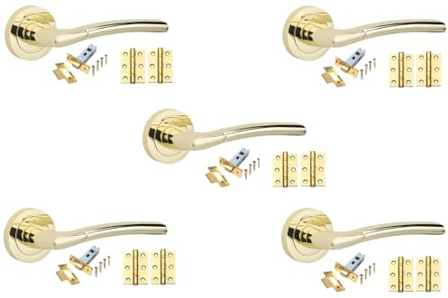 Golden Grace Indiana Door Handles & Latch Set, Polished Brass, 5 Sets