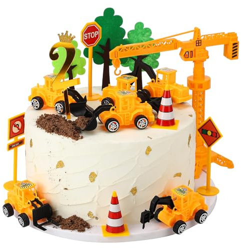 Bagger Kindergeburtstag Deko 2 jahre, 23 Stück Baustelle Tortendeko , Kunststoff Baustellenfahrzeuge Verkehrsschilder für 2. Geburtstag Junge Mädchen Kinder