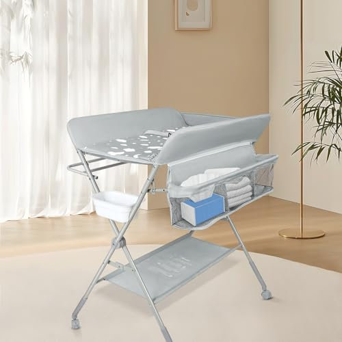 Kedia Baby Wickeltisch, Multifunktions-Wickelkommode, Babypflegetisch, Mobiler Wickeltisch mit Ablagefächern und Sicherheitsgurt (80 * 58 * 90cm hellgrau)
