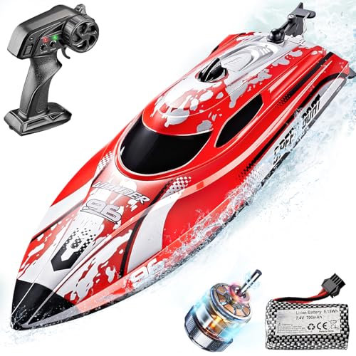 BEZGAR RC Boats - Remote Control Boat for Kids and Adults, 2.4GHz LED Light Boats with 700mAh Rechargeable Battery, Fast Racing RC Boat for Lakes & Pools, Toy for Birthday - TX126 Red