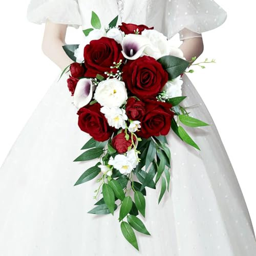 Bouquets de Mariage pour la mariée, vin Blanc Calla Rouge et Bouquet de mariée Rose, Arrangement Floral en Cascade Rustique en Soie en Cascade pour Le Mariage