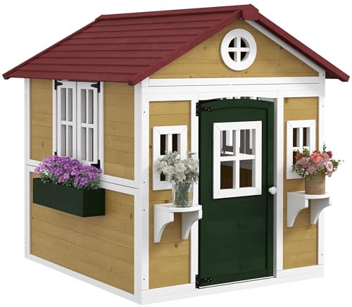 Outsunny Wooden Playhouse for Kids Outdoor Wendy House with Doors, Windows, Plant Pots, Boxes, for 3-8 Years - Beige