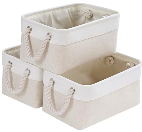 Mangata Aufbewahrungsbox Stoff,Mittel Waschbare Aufbewahrungskorb, Korbe in Würfel für Schrank Regal und Kleidung(Hellbeige/Weiß,M,3er Set)