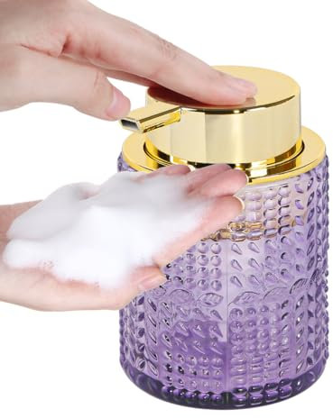 Fvstar Glass Foaming Soap Dispenser,Foam Dispenser Bottle with Large Pump,Wide-Mouthed and Easy to Press,Refillable Hand Soap Dispenser for Bathroom Countertop and Kitchen Decor (1, Purple)