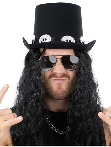 80er Jahre Rockstar Kostümzubehör-Set Rocker Zylinder Hut mit Haaren und Brille Heavy Metal