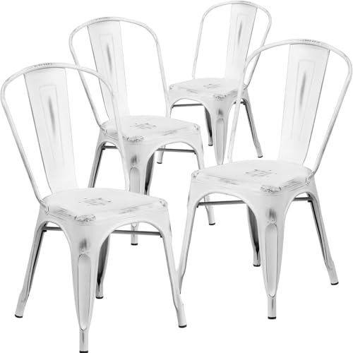 FWStyle Set Of 4 Chairs Galvanised Steel Ready Assembled Outdoor and Indoor H 85cm x W 45cm x D 52cm (White)