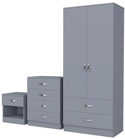 Nera Bedroom Furniture Set 3 Piece Set Wardrobe with Drawers Chest of Drawer Bedside Table Bedroom Storage (Matt Grey)