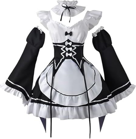 Diohauxi Rem Maid Cosplay Kostüm | Remu/Ramu Kleid Outfit Set mit Perücke | Rollenspiel Kostüm für Halloween