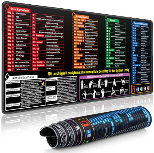 Excel Mauspad Deutsch, Mousepad Großes 800x300mm Excel-Shortcuts Schreibtischunterlage | Gaming Mousepad XL Anti-Rutsch Dest Mat für Büro&Zuhause, Windows & PPT | Verbessert Geschwindigkeit