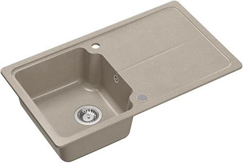 QUADRON Spülbecken NEAL 111 Granitspüle Küche, Größe: 86 x 50 x 20,5 cm, Beige, Küchenspüle Einbeckenspüle Set: Granitspüle + manuell Siphon + Abdeckkappe