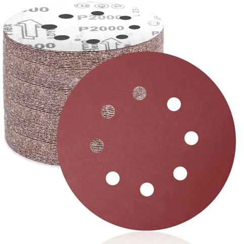 FEIHU 125mm-8 Holes Sanding Discs 50Pcs Orbital Sander Discs Hook and Loop Sanding Pads for Random Orbital Sander, 2000 Grits Sanding Discs