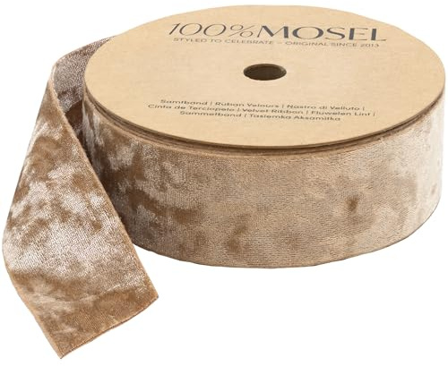 100% Mosel Cinta de terciopelo de doble cara, beige dorado (4 cm x 10 m) | Cinta de regalo efecto terciopelo de doble cara, para decorar y envolver – para Navidad y Nochevieja