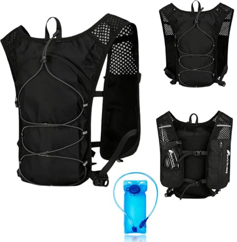 Laufweste für Damen & Herren mit 2L Trinkblase, Ultraleicht (170g) & Atmungsaktiv, Reflektierend und Verstellbar für Laufen, Trail, Wandern (Schwarz)