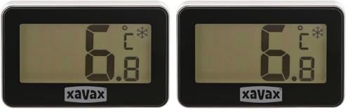 Xavax Kühlschrankthermometer digital (Thermometer für Gefrierschrank, Kühltruhe, Kühlschrank, kabelloses Temperaturmessgerät, zum Stellen, Hängen, magnetisch befestigen) schwarz (Packung mit 2)