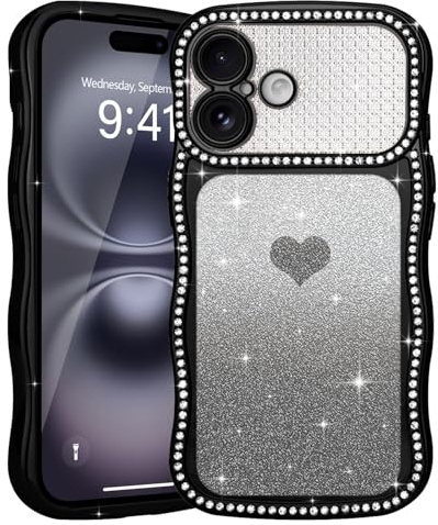 Teageo for iPhone 16 Glitter Case, Shiny Lovely Heart Wave Frame, Black | for Women Girls, Wave Curly Bumper, Sparkle Rhinestone Diamonds, Shockproof Cute Bling Cover