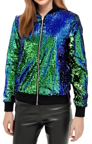 Damen Karneval Perlen Pailletten Reißverschluss Langarm Baseball Jacke Freizeitjacke Mantel