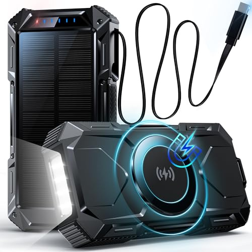 Magnetic Wireless Power Bank, 26800mAh 30W Fast Charging Battery Pack with 3 Outputs, Built-in Retractable USB-C Cable, LED Flashlight, Solar Portable Charger for Smartphone, Travel, Emergency