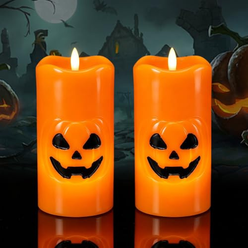 Eldnacele Halloween Kürbis flammenlose LED-Stumpenkerzen mit 6-Stunden-Timer