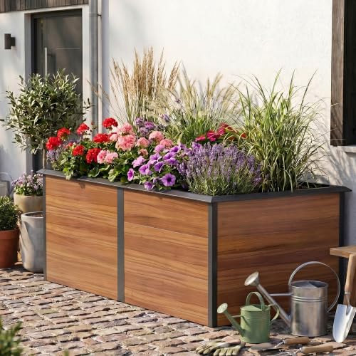 Amopatio Hochbeet Metall 200x100x77 cm Holzoptik, 1 mm Zink-Aluminium Pflanzbeet, 1540L Stabil Gemüsebeet, Wetterfest Gartenbeet Pflanzkasten Kräuterbeet für Outdoor & Balkon, Braun