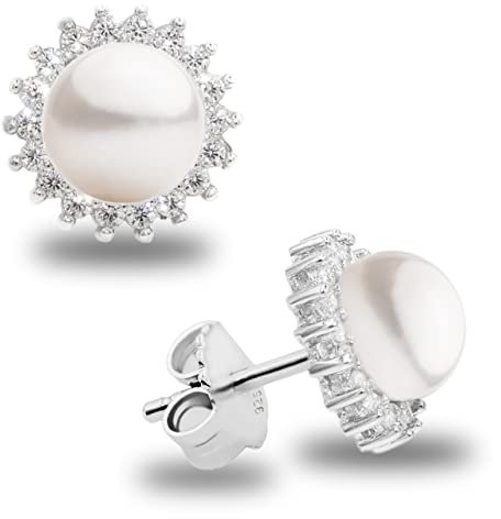 Damen Perlenohrringe mit 8-9 mm Süßwasser Zuchtperlen Weiß mit Zirkonia - SECRET & YOU - Perlenohrstecker 925er Sterlingsilber