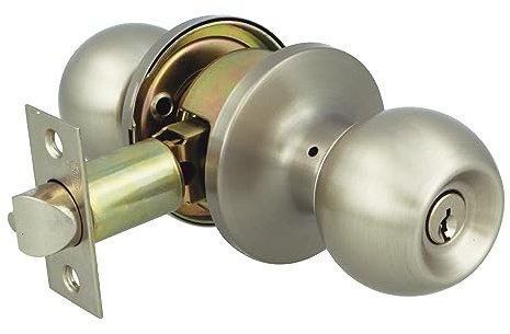 Amig - Pomo Puerta Entrada - Con Picaporte de Entrada 60/70 mm - Pomo de Bola en Ambos Lados - Con Cerradura y Condena - Sistema Antitarjeta - Para Puertas de Madera - Plateado Mate