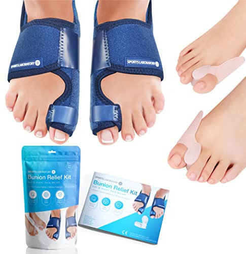 Sports Laboratory Bunion Corrector for Women and Men | Silicone Toe Separators | Toe Spacers | Toe Straighteners | Set: 2x Bunion Splints, 2x Big Toe Straighteners, 1x Bunion Relief Guide (Blue)